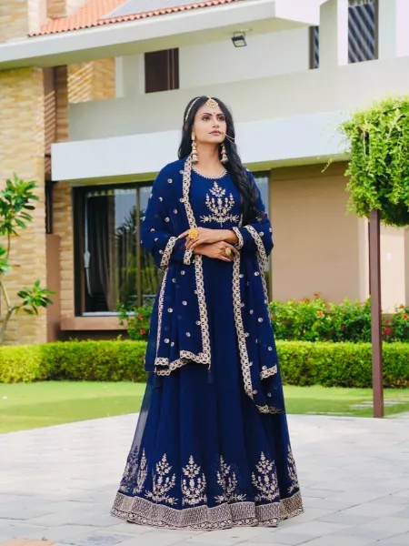 Royal Blue Georgette Gown for Wedding with Heavy Embroidery Work