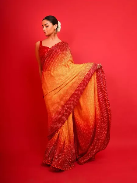 Alia Bhatt Red Digital Printed Indian Designer Saree in Satin Fabric
