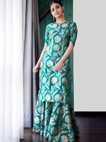Keerthy Suresh Firozi Sharara Salwar Suit in Silk Weaving Design