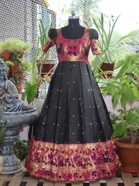 Indian Festive Black Paithani Gown with Weaving Zari Work for Party Wear