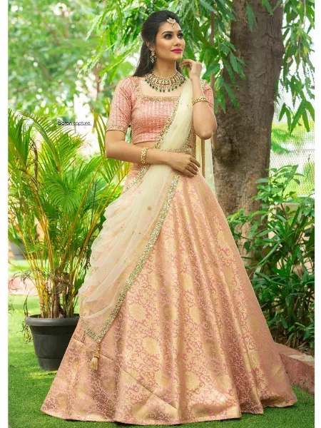 Designer Half Saree Lehenga in Peach Color with Kanjivaram Silk Zari with Blouse