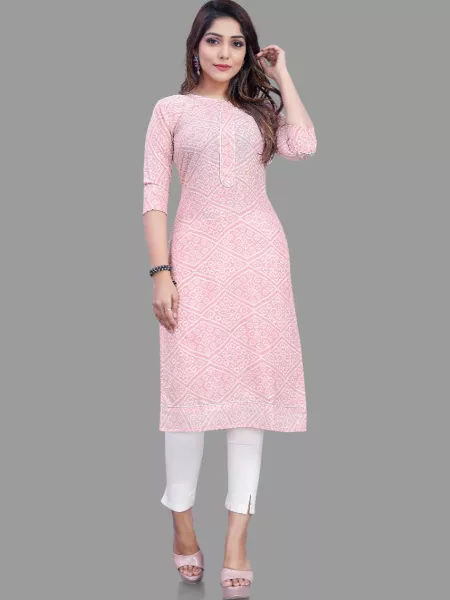 Baby Pink Rayon Bandhni Printed Kurti for Women Daily Wear