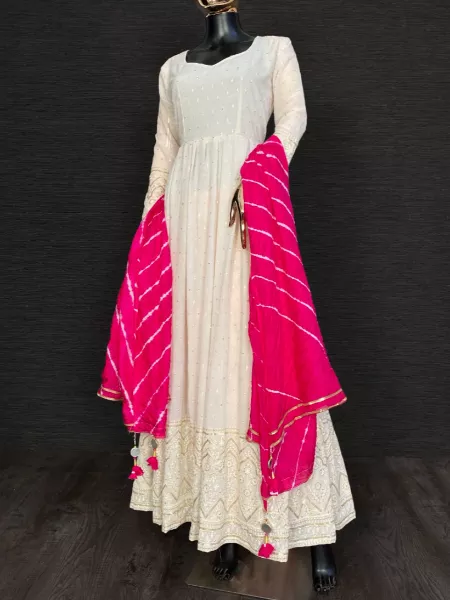 White Georgette Lucknowi Chikankari Work Designer Gown with Bandhni Dupatta