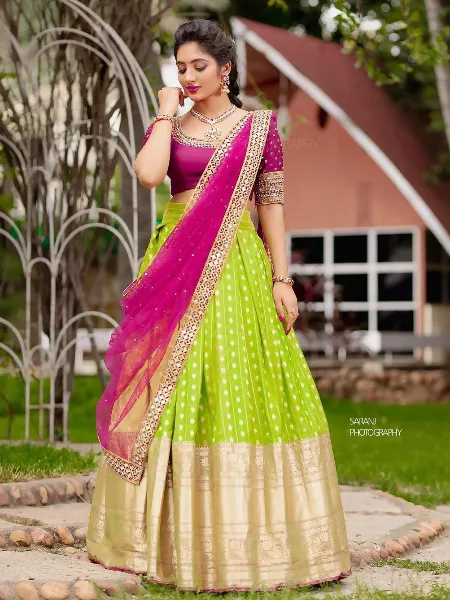 Green Kanchipuram Silk Half Saree Lehenga with Pink Net Dupatta