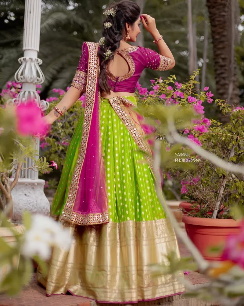 Beige & Green Semi-Stitched Half Saree & Unstitched Blouse With Dupatta -  ShopGarb - 4069906