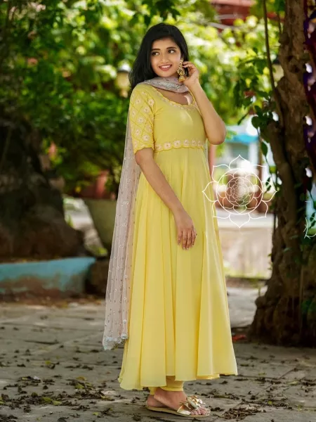 Yellow Georgette Anarkali With Embroidery Work and Net Sequence Work Dupatta