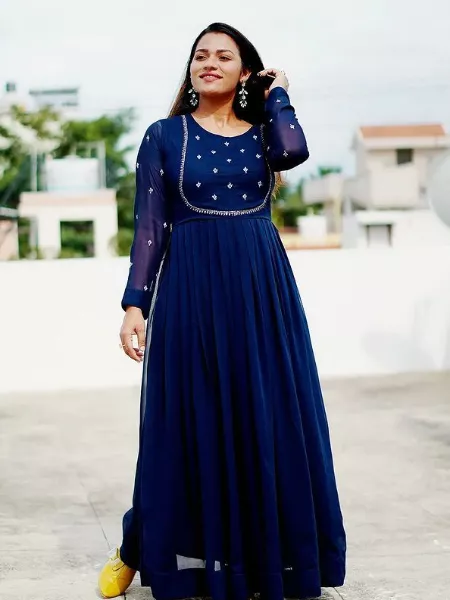 Navy Blue Traditional Georgette Anarkali Dress with Embroidery Work
