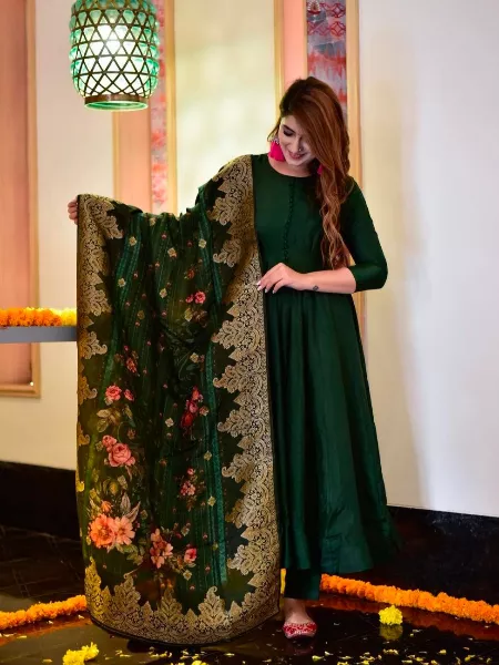 Classy Look Satin Butter Silk Anarkali Dress with Georgette Printed Dupatta