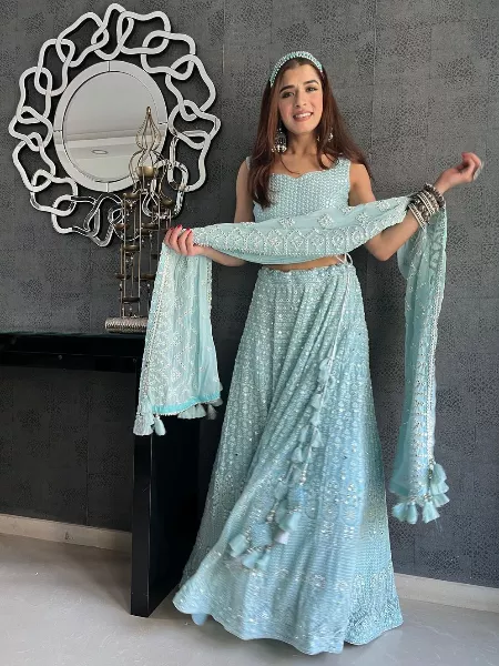 Sky Blue Heavy Embroidery with Paper Mirror Work Georgette Lehenga Choli
