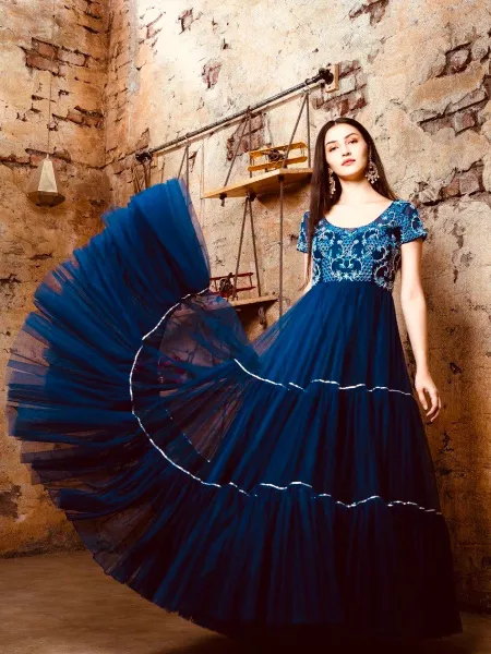 Blue Butterfly Net Heavy Embroidery Work Ruffle 3 Layer Designer Gown