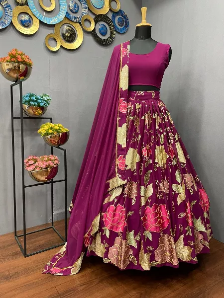 Purple Georgette Lehenga Choli with Embroidery and Sequence Work Indian Ethnic Wear