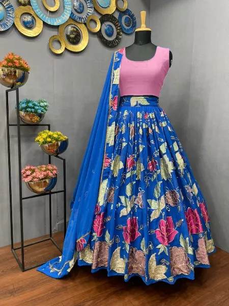 Blue Georgette Lehenga Choli with Embroidery and Sequence Work Indian Ethnic Wear