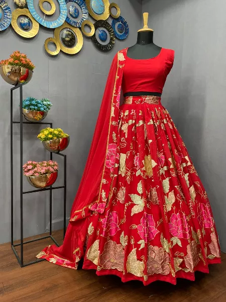 Red Georgette Lehenga Choli With Embroidery and Sequence Work Indian Ethnic Wear