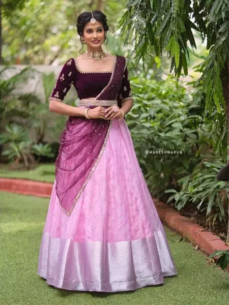 Pink Organza Silk Multi Embroidery Work Lehenga With Blouse and Cutwork Dupatta