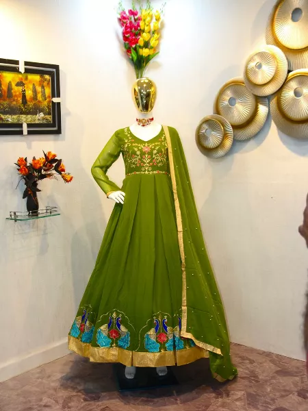 Mehendi Color Georgette Gown with Heavy Embroidery Work with Dupatta