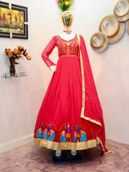 Red Color Georgette Gown with Heavy Embroidery Work and Dupatta