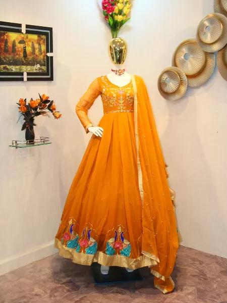 Mustard Color Georgette Gown with Heavy Embroidery Work and Dupatta