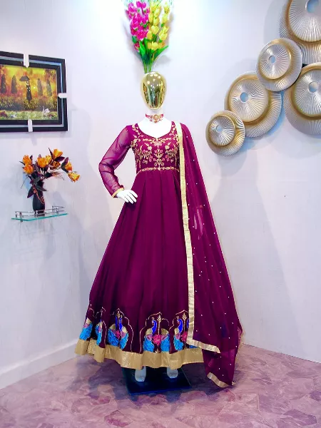 Wine Color Georgette Gown with Heavy Embroidery Work and Dupatta