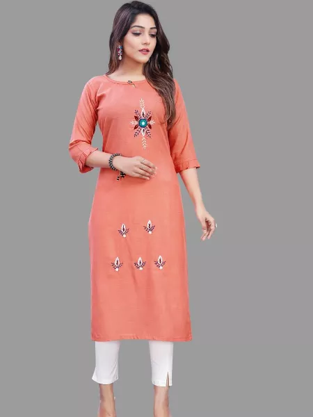 Cotton Handwork Kurti with Round Neck and 3/4 Sleeves