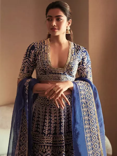 Rashmika Mandanna in Blue Lehenga Looks Stunning with Dupatta