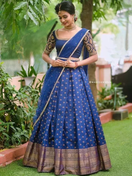 Traditional pattu half saree | Wedding saree blouse designs, Lehenga saree  design, Half saree designs