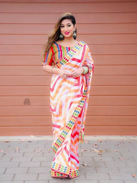 Multi Color Threads Sequence and Zig Zag Digital Print Heavy Bridal Saree