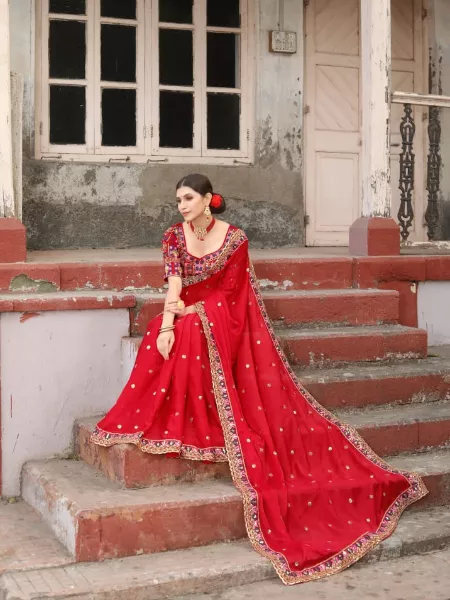 Red Color Heavy Rangoli Silk Sari with Embroidery Threads and Sequence Work