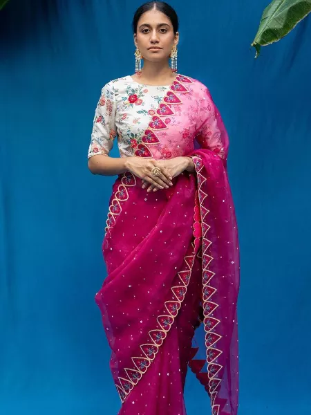 Pink Color Organza Heart Shape Thread Work Indian Sari with Printed Blouse