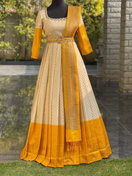 Cream and Yellow Banarasi Weaving Zari Work Designer Gown With Dupatta