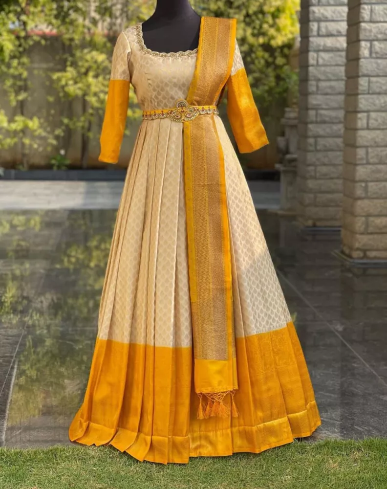 Banarasi Silver Zari Frock – Peach Color (Ready to Dispatch) – Amutham  Fashions