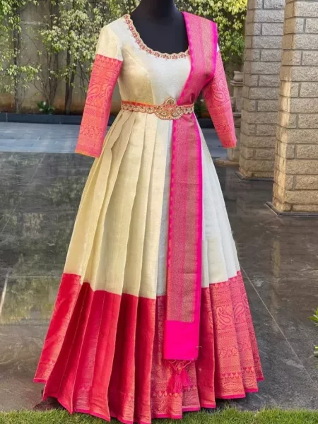 Cream and Pink Banarasi Weaving Zari Work Designer Gown With Dupatta