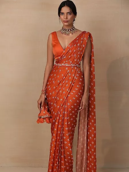 Orange Color Satin Silk Saree with Blouse and Embroidery work Belt