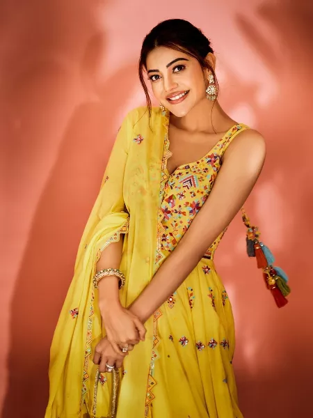 Kajal Aggarwal Yellow Georgette Anarkali Suit with Embroidery work for Haldi Ceremony