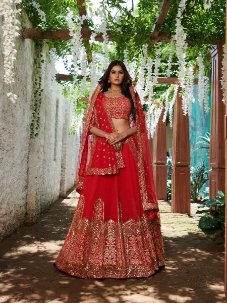 Heavy Embroidered Red Color Bridal Look Fancy Lehenga Choli In Silk Fabric