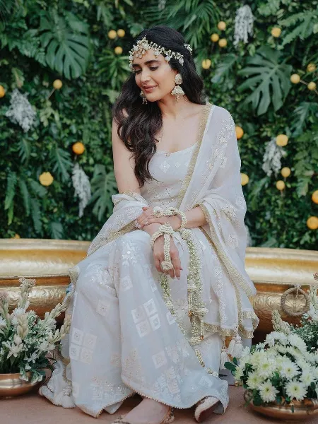 Karishma Tanna Wedding White Color Georgette Sharara Suit with Dupatta