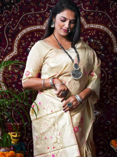 Cream Cotton Linen Saree with Designer Blouse