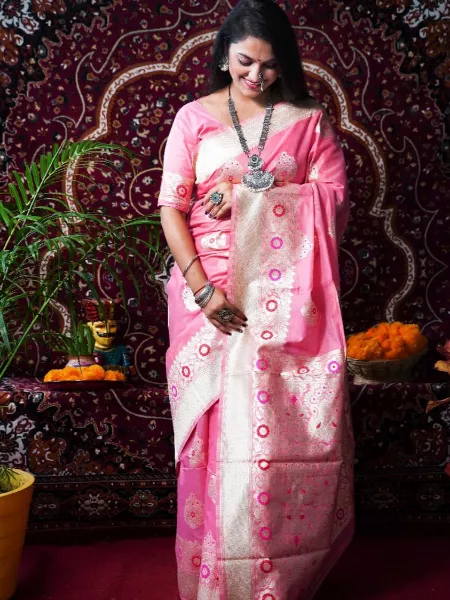 Light Pink Cotton Linen Saree with Designer Blouse