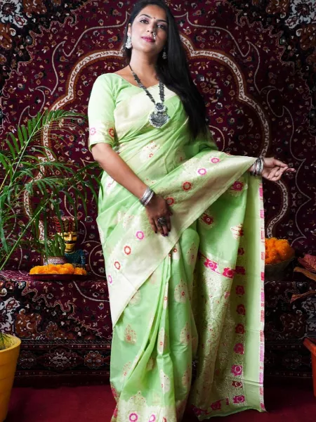 Light Green Cotton Linen Saree with Designer Blouse