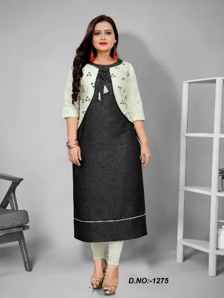 Black Kurti for Women in Rayon with Jacket Embroidery Work