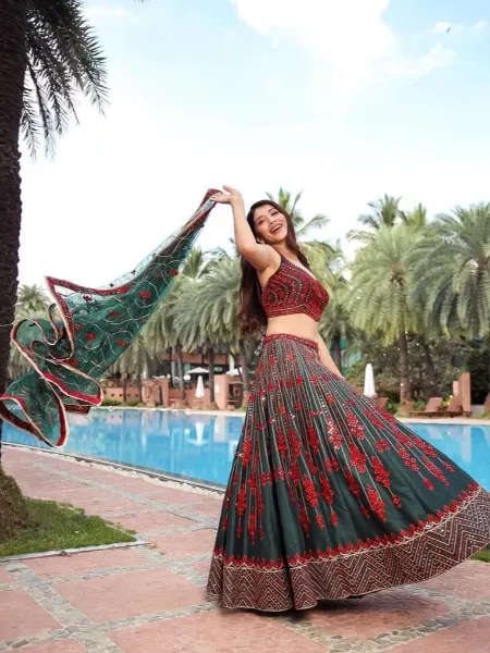 Green Georgette Lehenga Choli with Red Embroidery and Paper Mirror Work