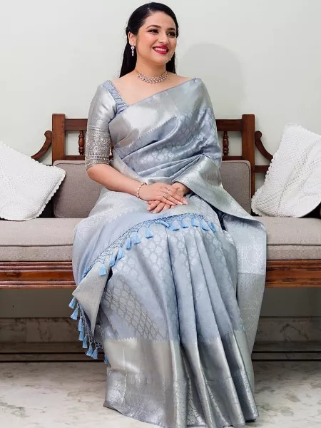 Grey Casual Indian Sari in Soft Silk with Rich Pallu and Blouse