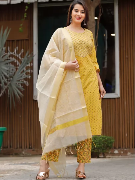 Yellow Kurti Pant Set in Cotton With Digital Print and Gota Work