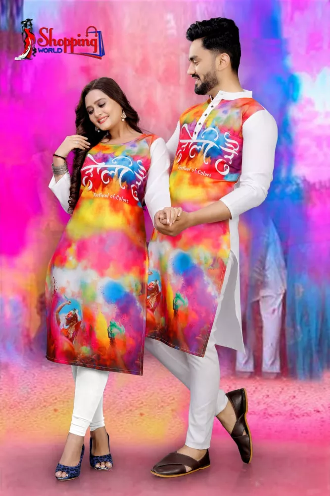 Holi Couple Combo in Crepe With Digital Print Holi Dress for Women and Men  in USA, UK, Malaysia, South Africa, Dubai, Singapore