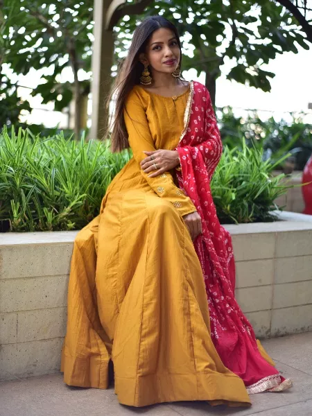 Mustard Color Party Wear Gown with Digital Printed Dupatta