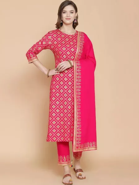 Pink Color Kurti Pant Set in Rayon Fabric with Heavy Foil Print Work