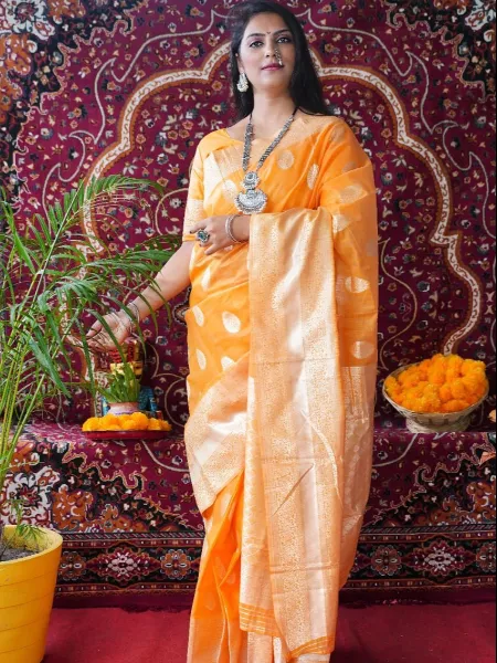 Orange Linen Cotton Saree with Nice Weaving Work and Running Blouse
