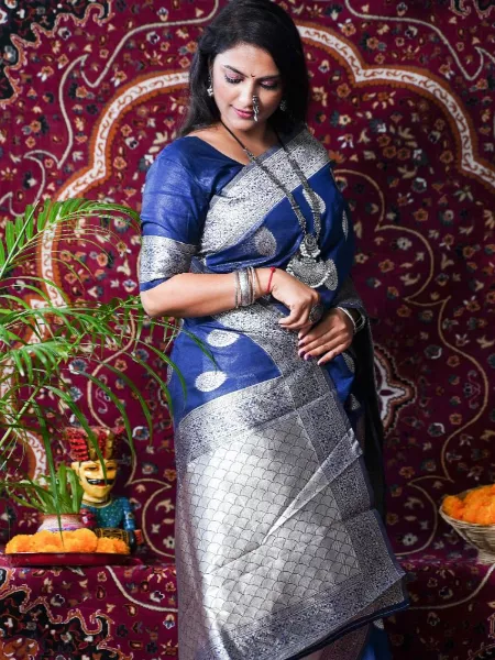 Blue Linen Cotton Saree with Nice Weaving Work and Running Blouse