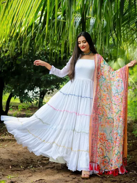 White Chiffon Party Wear Designer Gown with Beautiful Digital Print Dupatta
