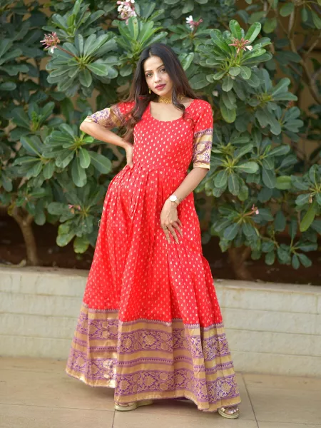 Red Banarasi Silk Party Wear Gown with Beautiful Jacquard Weaving Zari Work