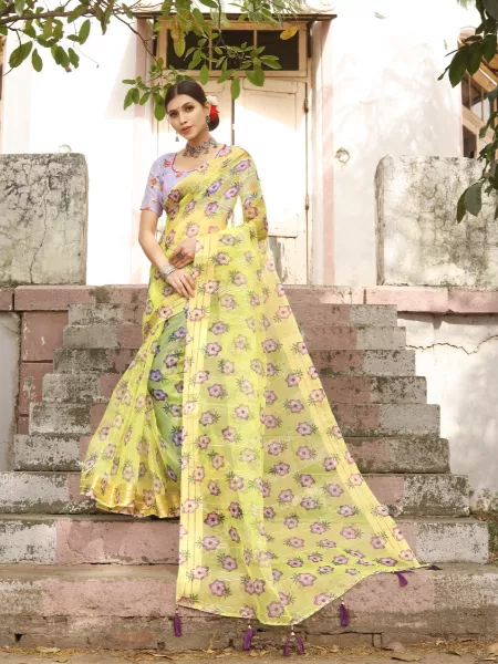 Yellow Soft Pure Organza Saree With Sequence Work and Nice Digital Print